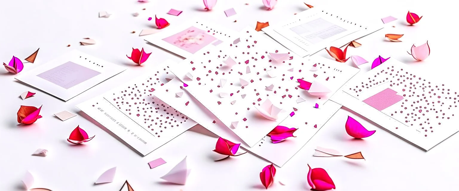 photo of white postcards on a white background image with rose petals and glitter stars