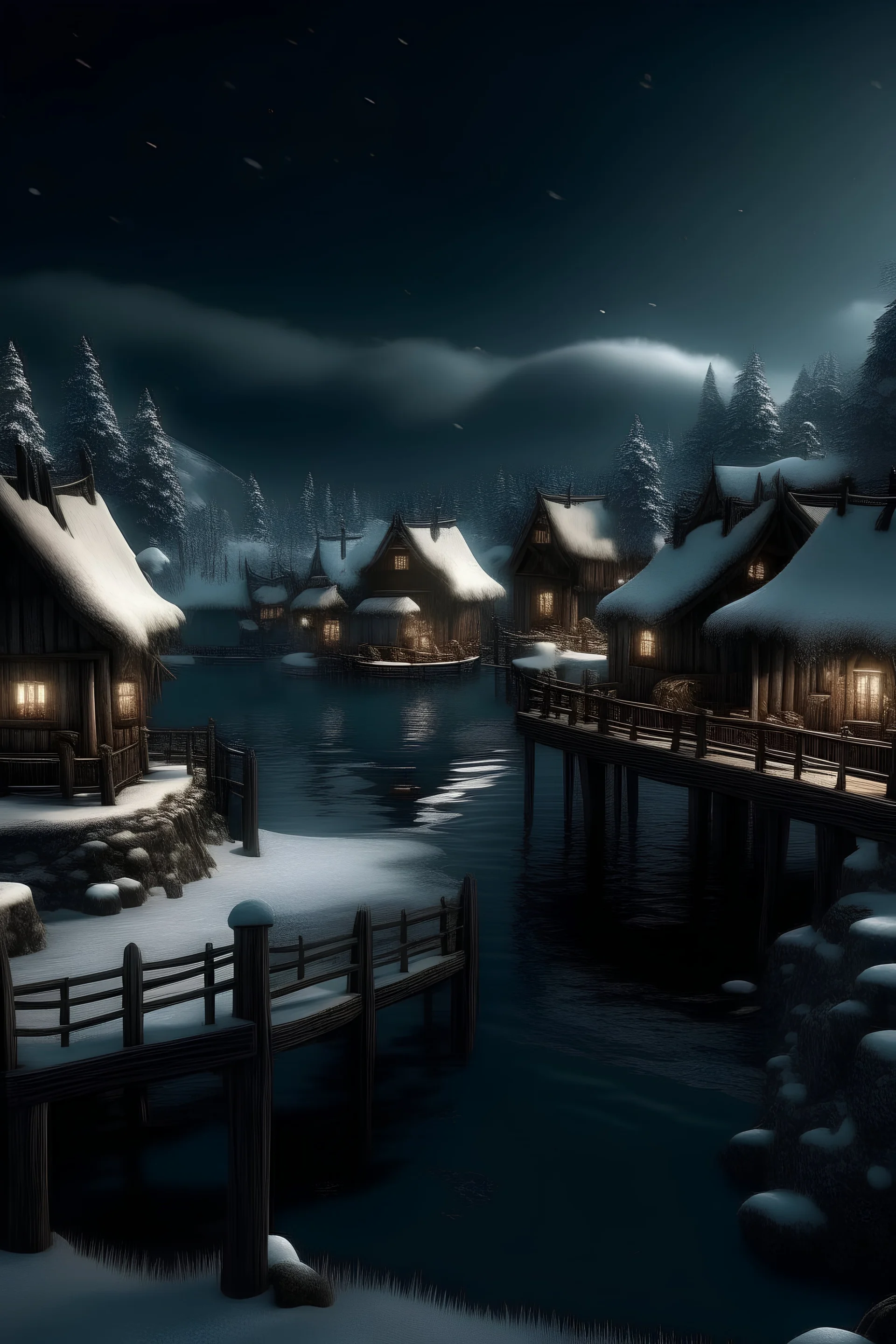 widescreen, fantasy, arabic village build from wood, port, lake, forest, winter, frost, snow, clouds, darkness