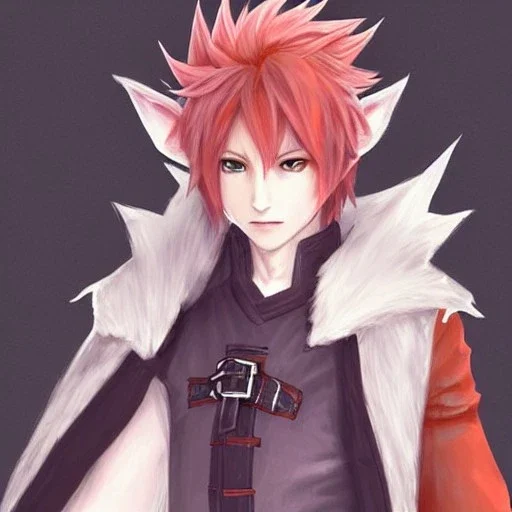 final fantasy 14, final fantasy, detailed anime boy, crimson red hair, wolf ears protruding out, orange colored eyes, white trench coat, intricate details, full body portrait, keep head in frame, slight smile with a single fang exposed, black Japanese motif, concept art, highly detailed, digital painting, concept art, sharp focus, illustration, art by Yoji Shinkawa, WLOP and greg rutkowski and alphonse mucha and artgerm and yanjun Chen and Junji ito and Makoto Shinkai, HDR, octane render