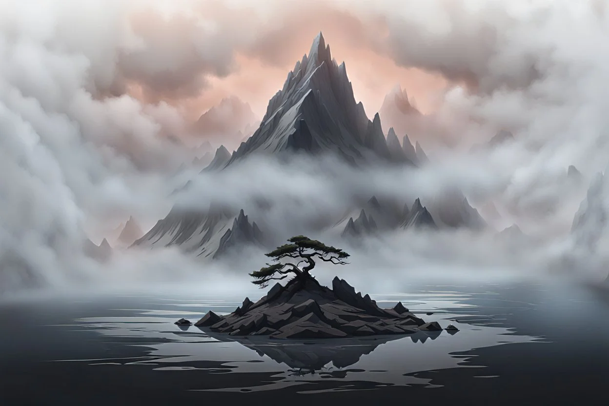 a single mountain rises out of a misty foreground shrouded in mist. The top peak of the mountain sticks into a big broken cracked destroyed shattered sphere. cinematic lighting, artstation, grim mood, looking up camera angle