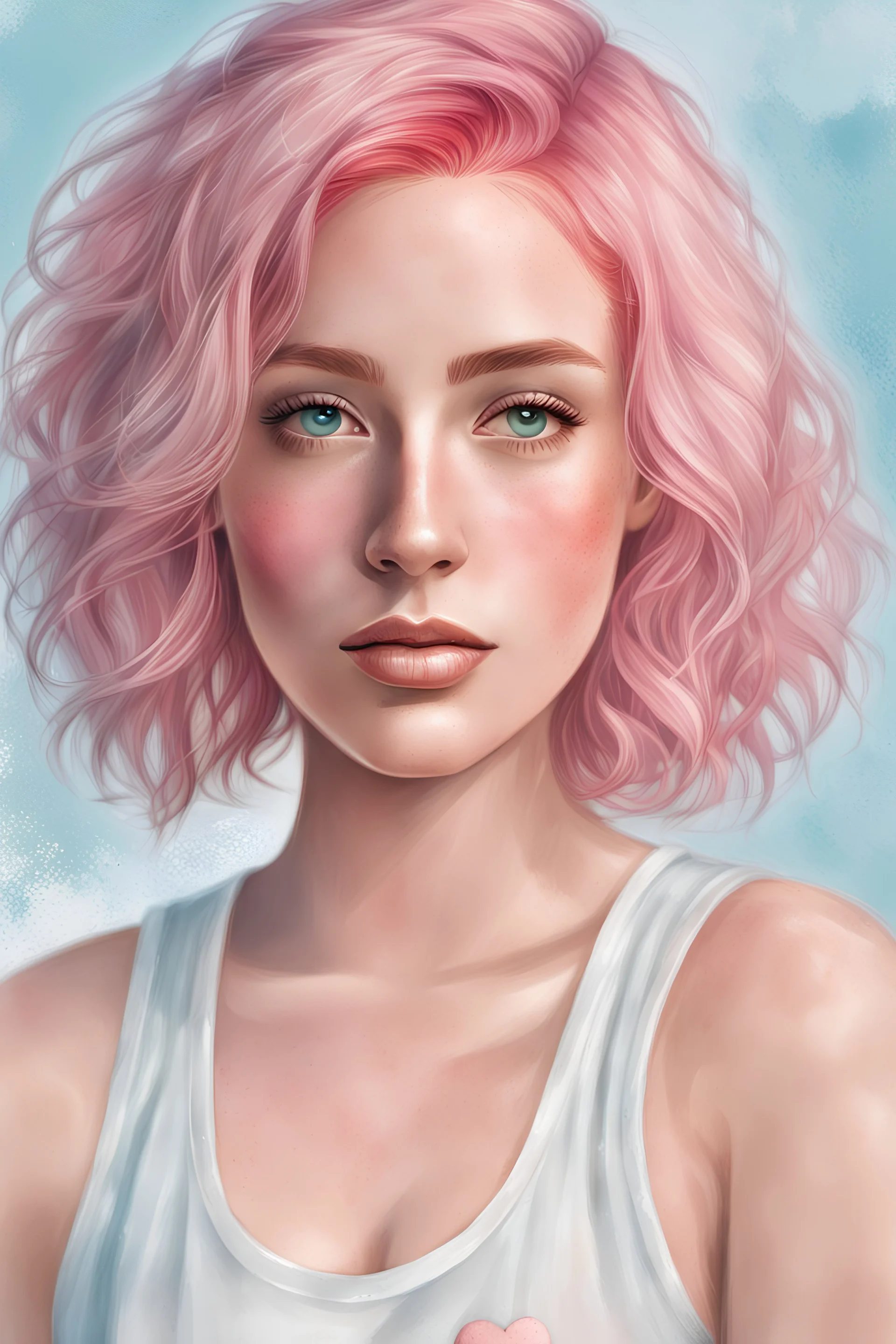 A close-up portrait of a beautiful woman with pink hair, freckles, and a heart-shaped blush on her cheek. She is looking at the viewer with her big, brown eyes. She is wearing a white tank top. The background is a light blue-gray. The image is in a soft, painterly style in flat oily glassy style.