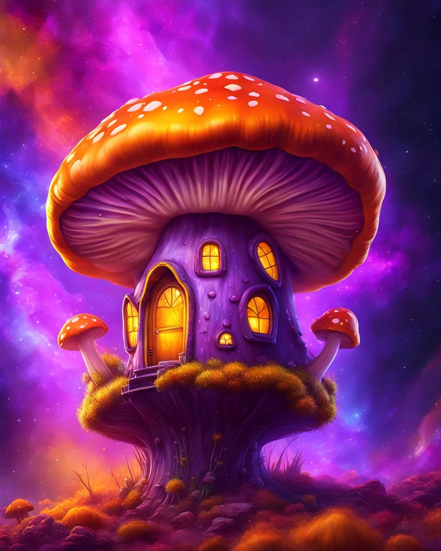 A lonely floating island mushroom house in space. purple orange yellow, deep space nebulas. Detailed gloss Painting, bright color, fantastical, intricate detail, splash screen, hyperdetailed, insane depth, concept art, 8k resolution, trending on Artstation, Unreal Engine 5, color depth, backlit, splash art, dramatic, High Quality Whimsical Fun Imaginative, good composition