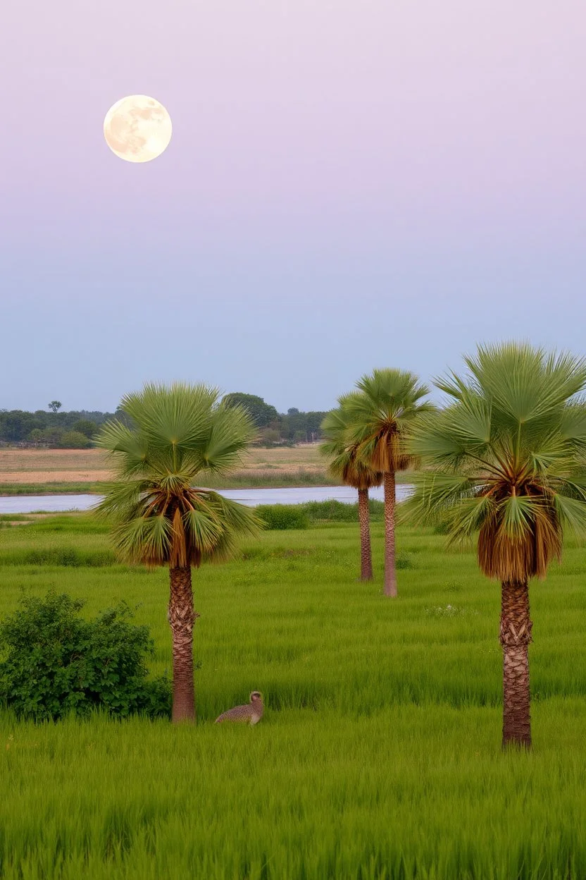 A field of date palms trees by the river and a big moon on the horizon