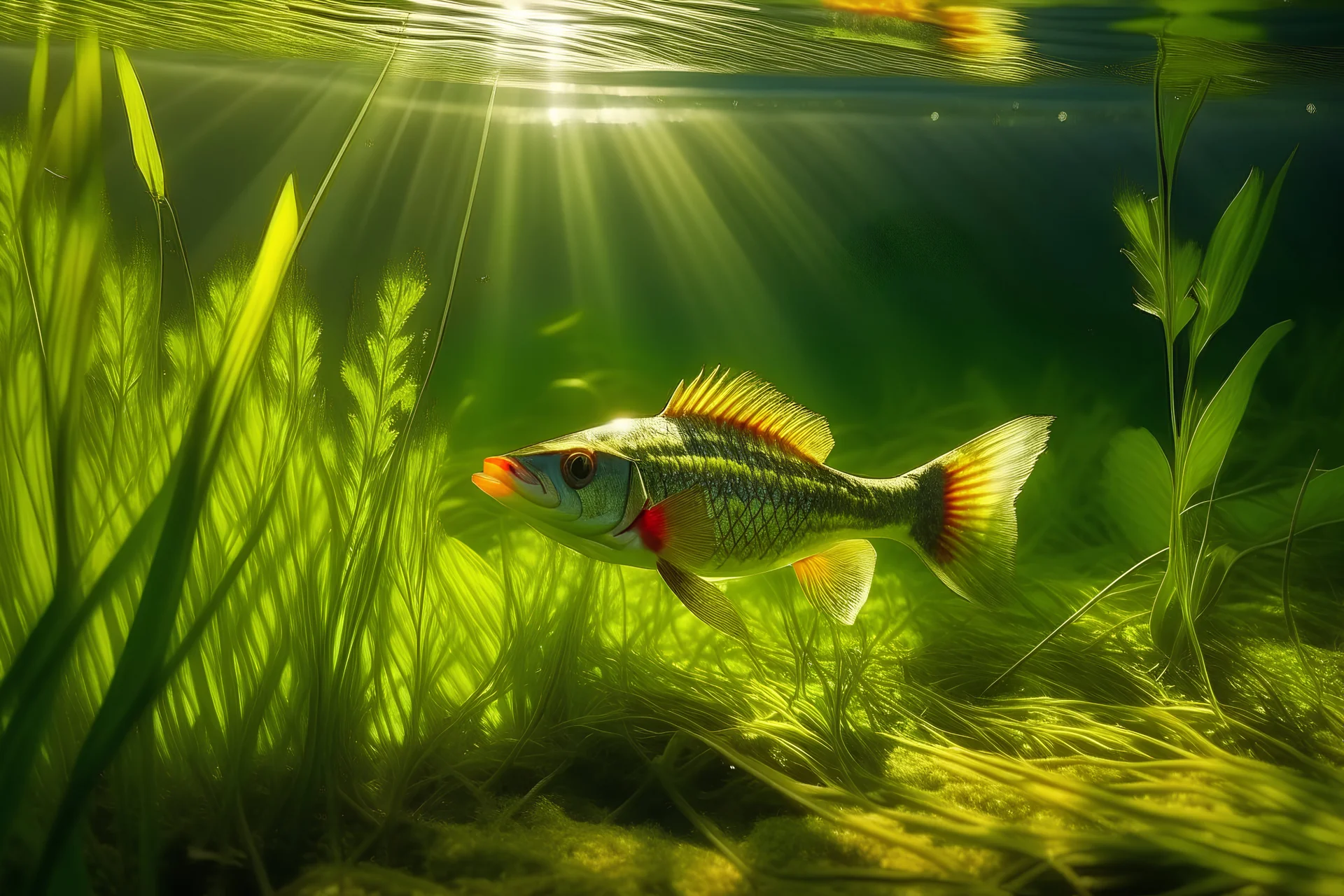 perch fish swimming in the water between aquatic plants, sun rays visible in the water