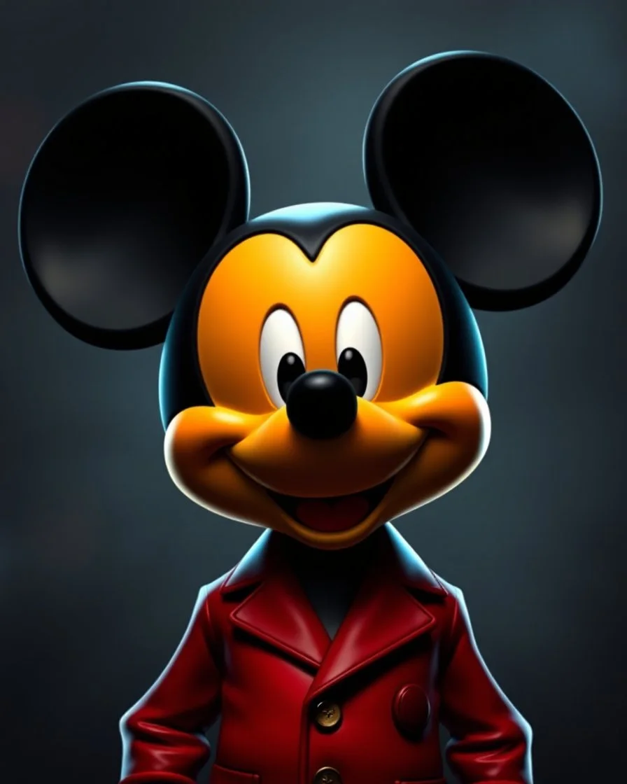 digital darkly com featuring an anthropomorphic character resembling Mickey centered in the frame and facing forward. The character has a classic Mickey Mouse head with large, round black ears, a smooth black face with a vibrant orange-yellow cheek, large shiny white eyes with black pupils, and a prominent black nose. The character's expression is a friendly smile, but the overall mood is dark and intense. It wears a sleek, glossy crimson red suit jacket with two visible buttons, a well-fitted b