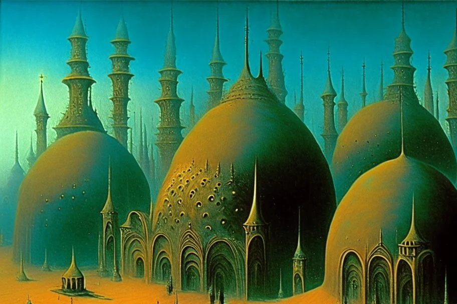 A surreal city with arches and domes by artist "Zdzisław Beksiński"