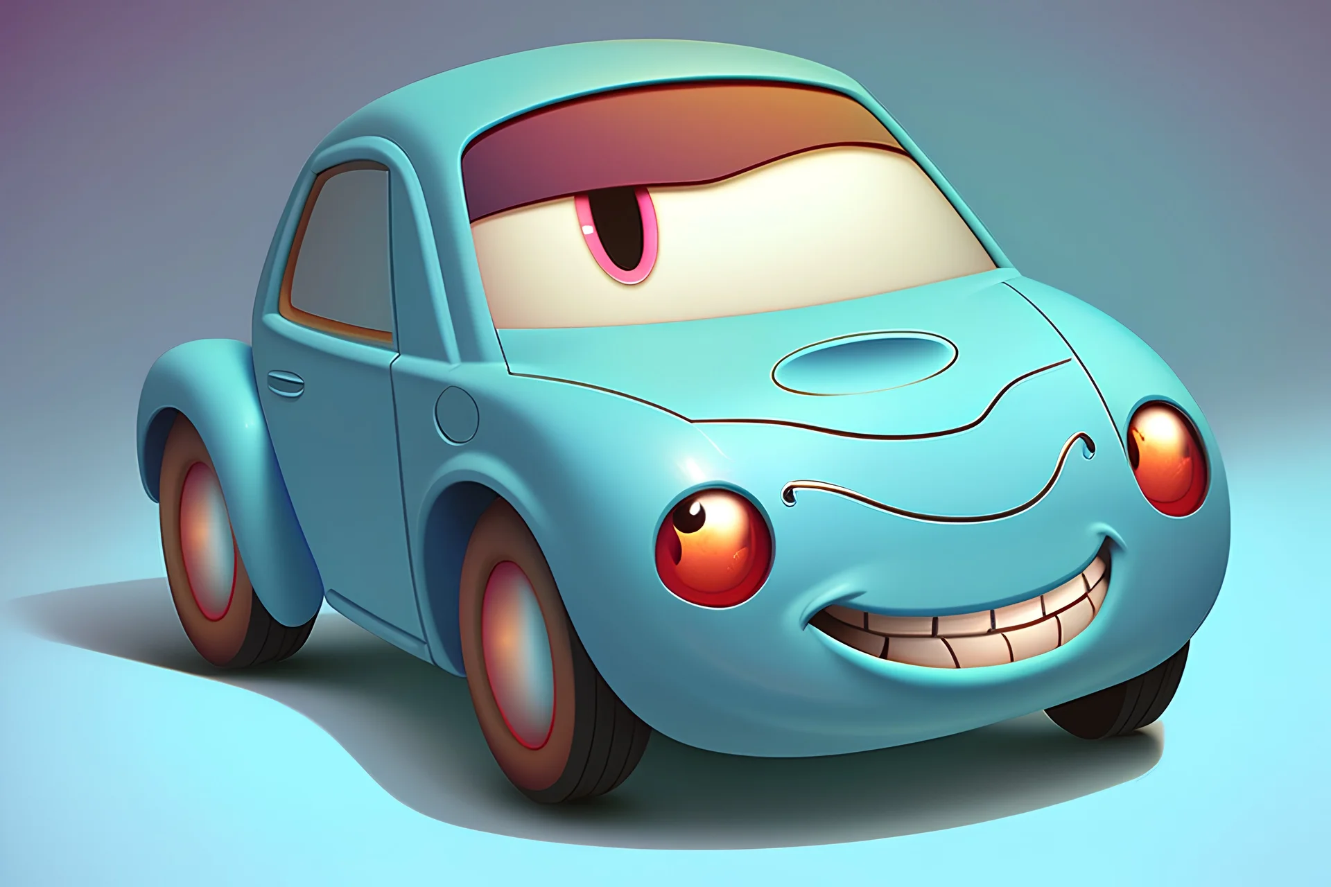 whimsical cartoon car with big eyes and its front grill forming a friendly smile