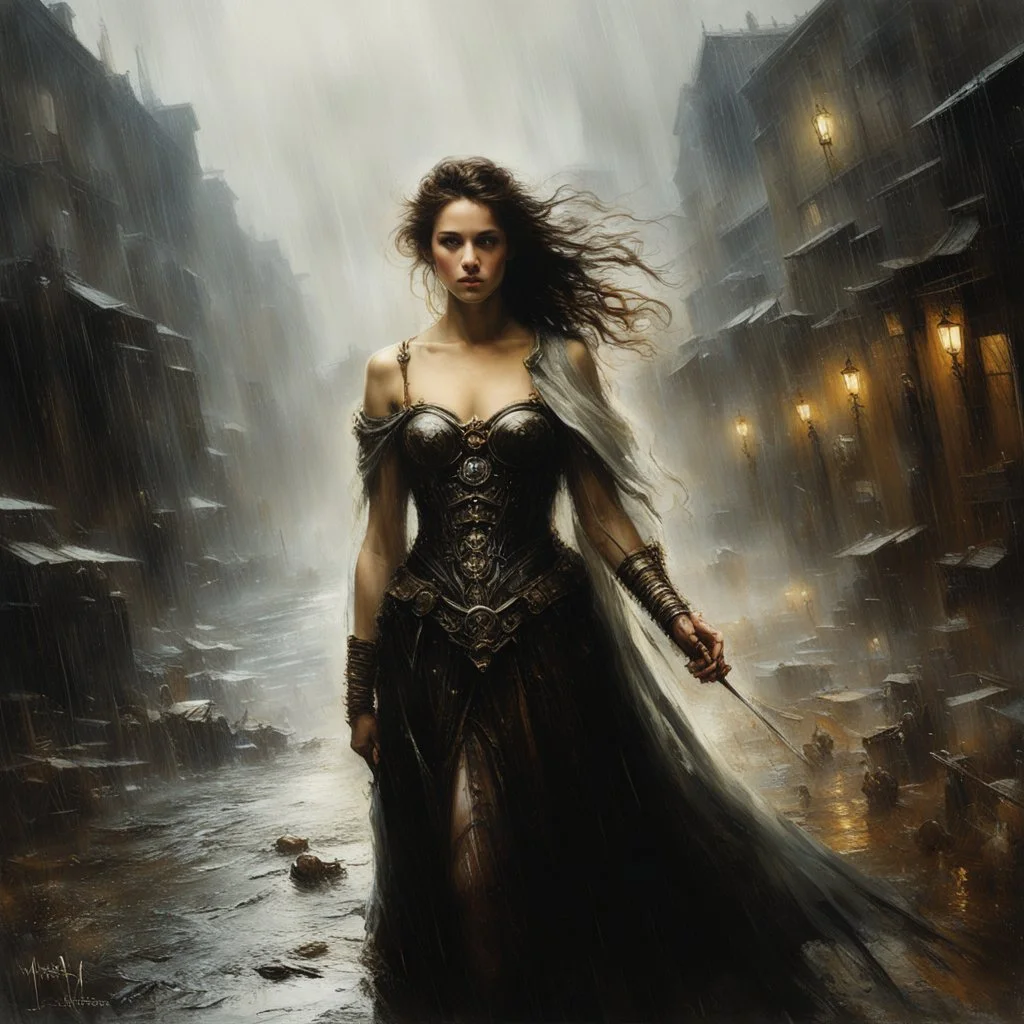 [photography by Titian, Rembrandt van Rijn, by Jeremy Mann, Luis Royo,] As the storm unleashed its full fury upon the town, rain poured down in torrents, washing away the grime and decay that had settled upon the machines. Maria Magdalena extended a hand, her touch infused with warmth and understanding. One by one, the machines lowered their weapons, their metallic armor clanging against the ground.In that moment, amidst the chaos and destruction, a fragile bond formed between Maria Magdalena an