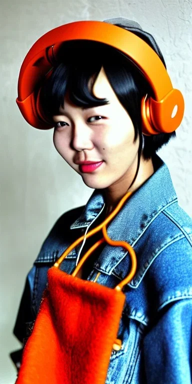 Young fleshy Korean woman black hair. thick thigh, thick calves. Style futurism, 1990's, rough street style.Mantle is sewed of recycled Denim and sewed together red felt pieces.Big headphones, with gold rings, is merged with small felt cap with small visor. A bag is integrated to the mantle. Patterns are composed of orange, cream, blue, lilac and purple. blue latex somewhere. It is with big bright purple felt tippet and cream-colored-hood. mantle is merged with tippet.