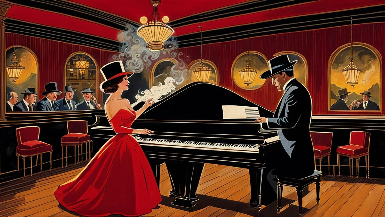 in a 1960s American jazz pub a man in hat and dark suit playing the piano in the foreground , next to the piano singing a beautiful elegantly woman in a red dress . The atmosphere is warm happy and intimate, with soft, golden lights casting a glow over the wooden tables and chairs. Guests in retro attire enjoy their drinks and cigarette smoke gently swirls in the air. The intricate details and sharp focus , photorealistic