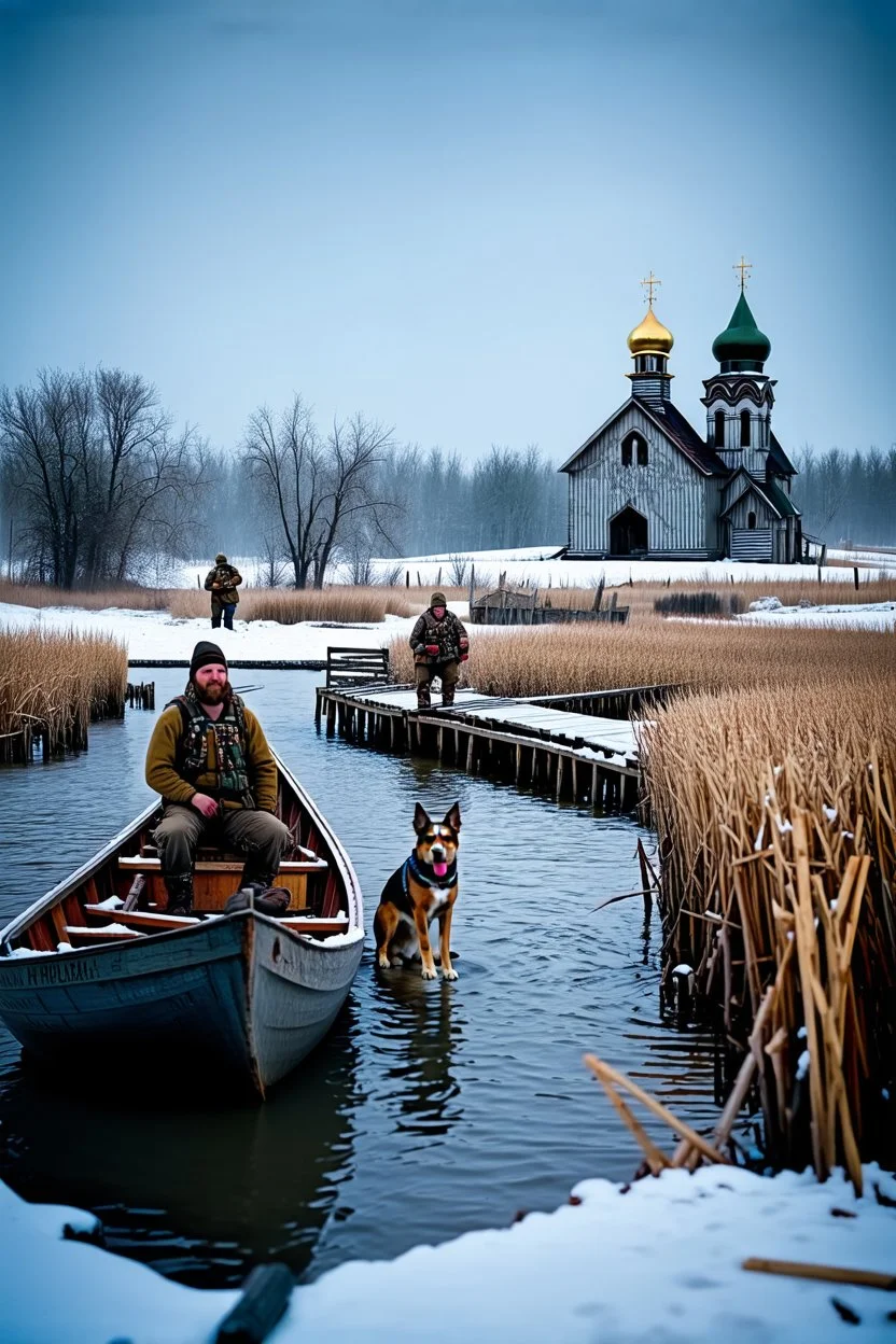 the beginning of winter, there is a little snow. 21st century. The Russian village. Two hunters with a dog on a boat sail up to the completely destroyed wooden bridge in the reeds across the river leading to the village, with several wooden piles sticking out of the water. On the right bank stands a dilapidated Orthodox church. The image is of high quality in 8K format.