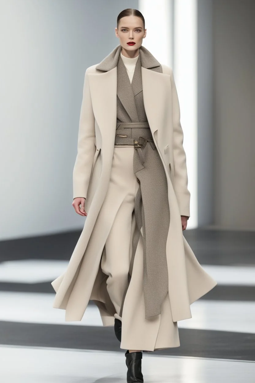 winter fashion runway modern clothes inspired by Superman style clothes, elegant beige tones