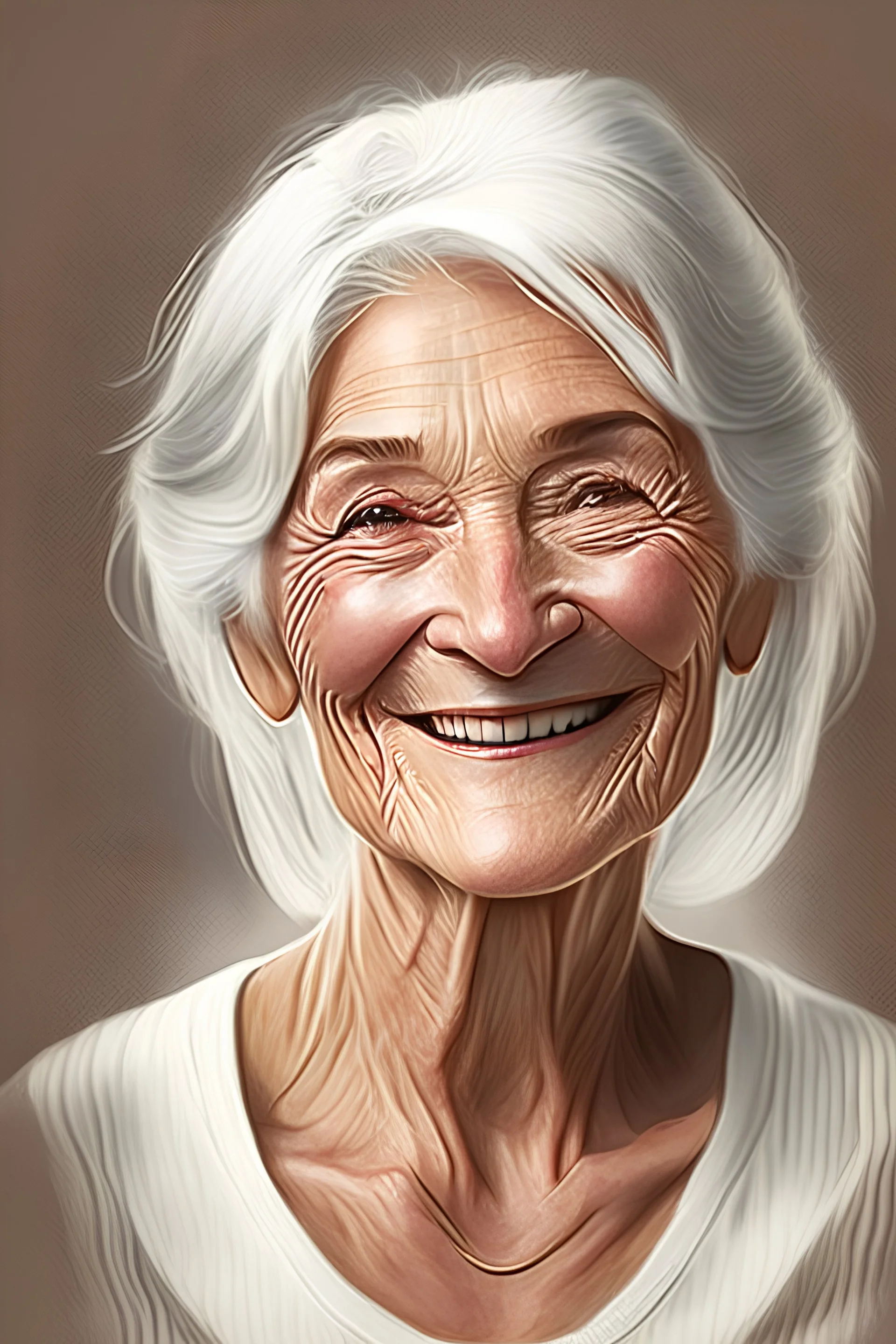 a beautiful European woman, in her 60s, chin length white hair, brown eyes, smiling, wearing a stripe balk and white shirt, digital drawing, 4k