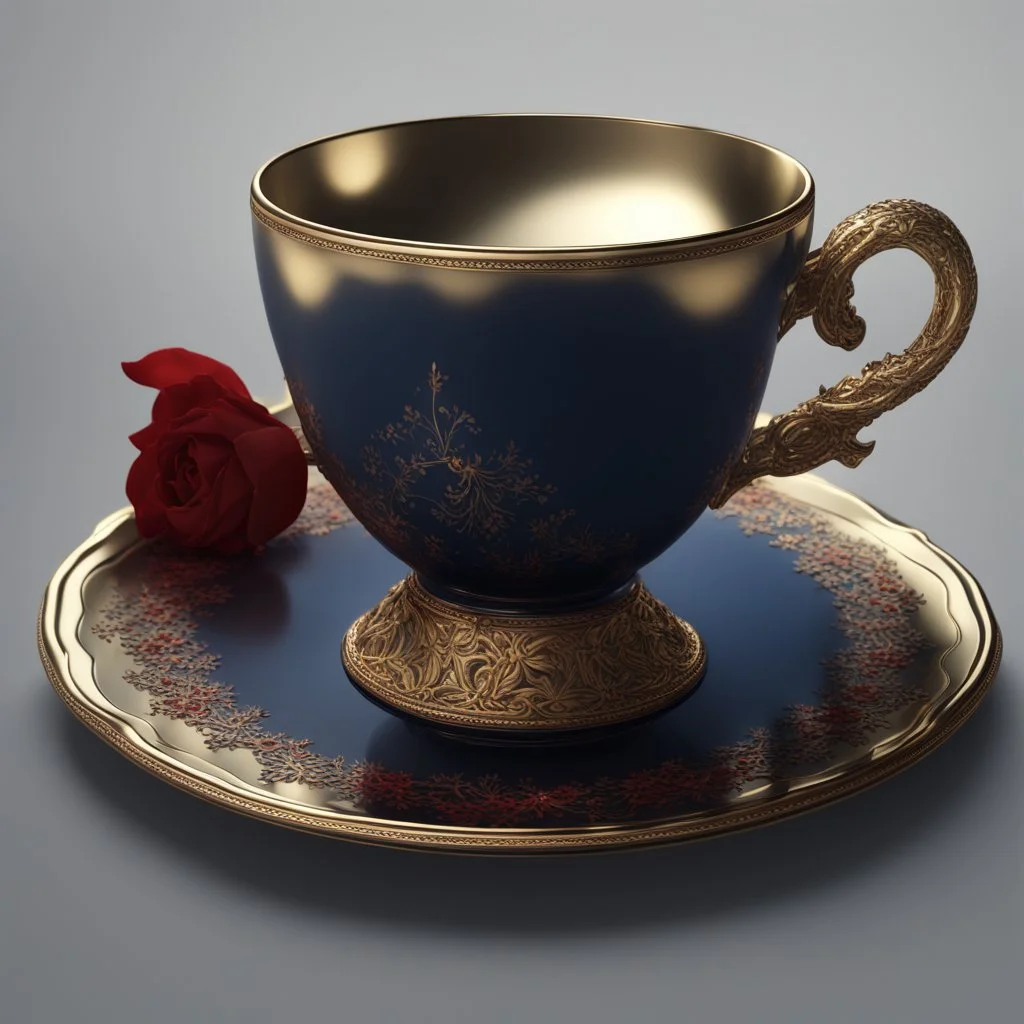 A midnight blue teacup with a gold rim and small red florets on a plate. Illustrative art, art interpretation, concept art, cgsociety contest winner, seasonal art, seasonal art HD, 4k, 8k, intricate, detailed, intricately detailed, luminous, translucent fantasy crystal, holographic data, soft body, shadow play, light, fog, atmospheric, cinematic, light film, hyper-detailed, hyper-realistic, masterpiece, atmospheric, high resolution, 8k, HDR, 500px, mysterious and artistic digital art, phototic,