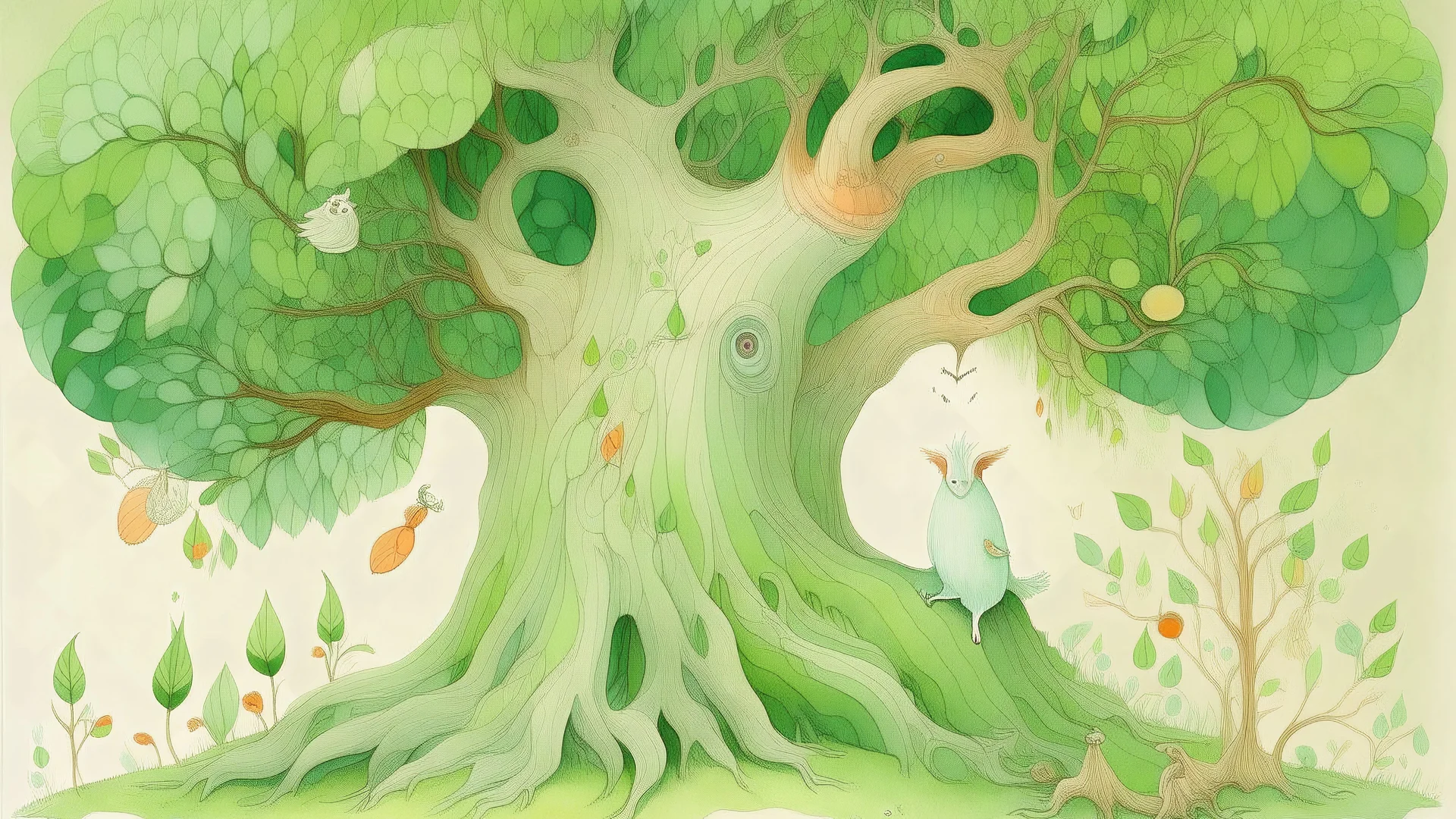 This is a surreal and whimsical drawing in a soft, pastel color palette. The scene depicts a large white anthropomorphic creature sitting beneath a tree. The creature is positioned in the center, with its back against the trunk and its legs stretched out in a relaxed pose. The tree is tall and thin, with a canopy of green leaves, and a small bird is perched on one of the branches. The background is filled with numerous identical trees, evenly spaced, creating a sense of depth and uniformity. The