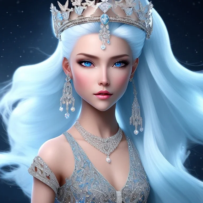 Ice Princess with white hair, a crown with precious stones, bright background