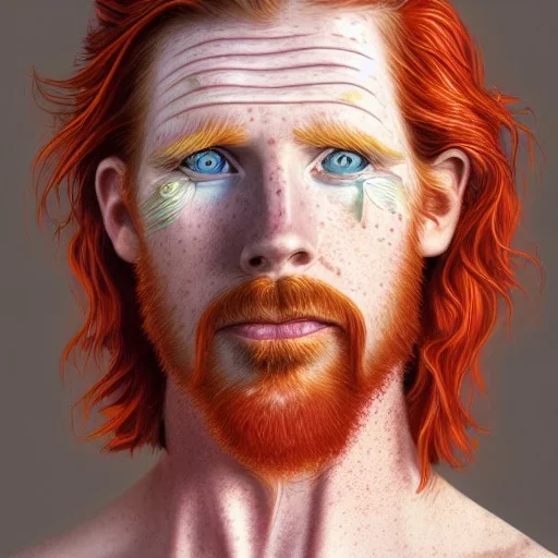 Portrait of Courtney Gains as a ruggedly handsome, joyful, roguish pirate, charismatic, attractive male, masculine, perfect, precisely detailed clear eyes, softly freckled face, unblemished, flawless skin; meticulously detailed multi-hued ginger carrot colored cherry fire red hair; fantasy, intricate, elegant, highly detailed, digital painting, concept art, matte, sharp focus, illustration, art by artgerm and greg rutkowski and alphonse mucha