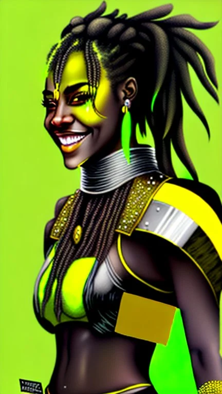 A woman has dark skin, yellow eyes and black dreadlocks. Her face has a slying smile, showing her superiority in the eyes of others. She is dressed in a steel armor with a few pieces of yellow and green fabric sticking out.