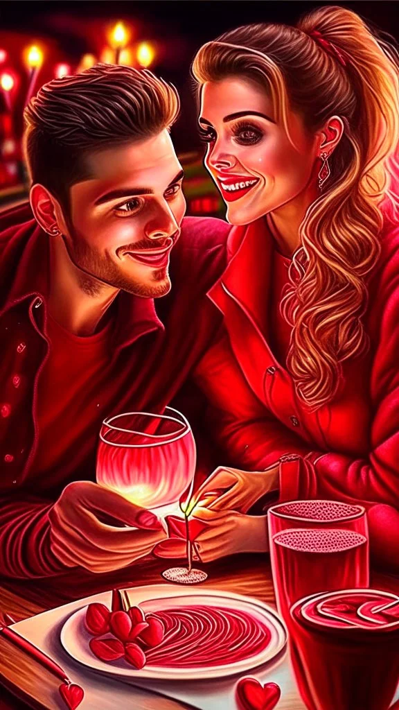 Valentines day date night, art, drawing, very realistic, detailed, vibrant colors.