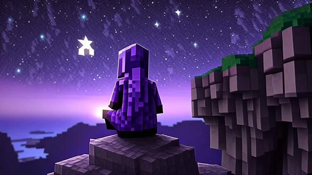 Minecraft Character, minecraft theme, purple starry sky, meditating, facing back, wearing gown, minecraft style, in between two cliffs,