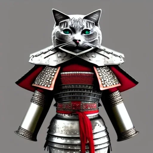 Modélisme trois dimensions, chat, anthropomorphique, habillé comme un samurai, armure très détaillé, armure rouge, armure argent