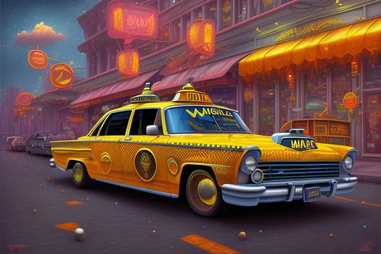 a study of cell shaded cartoon of a hotrod taxi cab infront of a store front, road, illustration, vivid colors, post grunge, highly detailed, sharp focus, alien, centered perspective view, concept art by sam curry