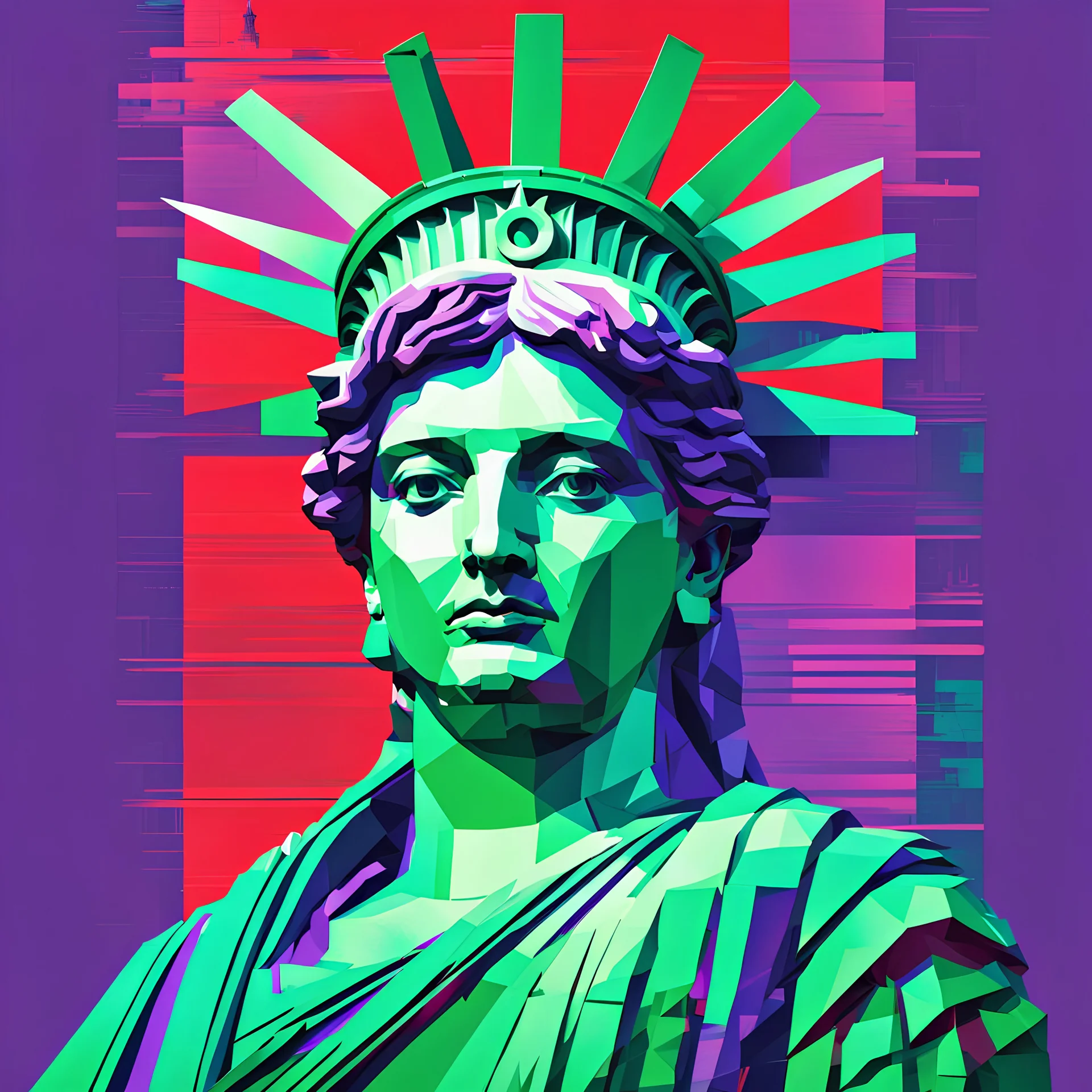 Green, purple and red portrait of The Liberty Statue, constructivist glitch art, movie illustration, elegant