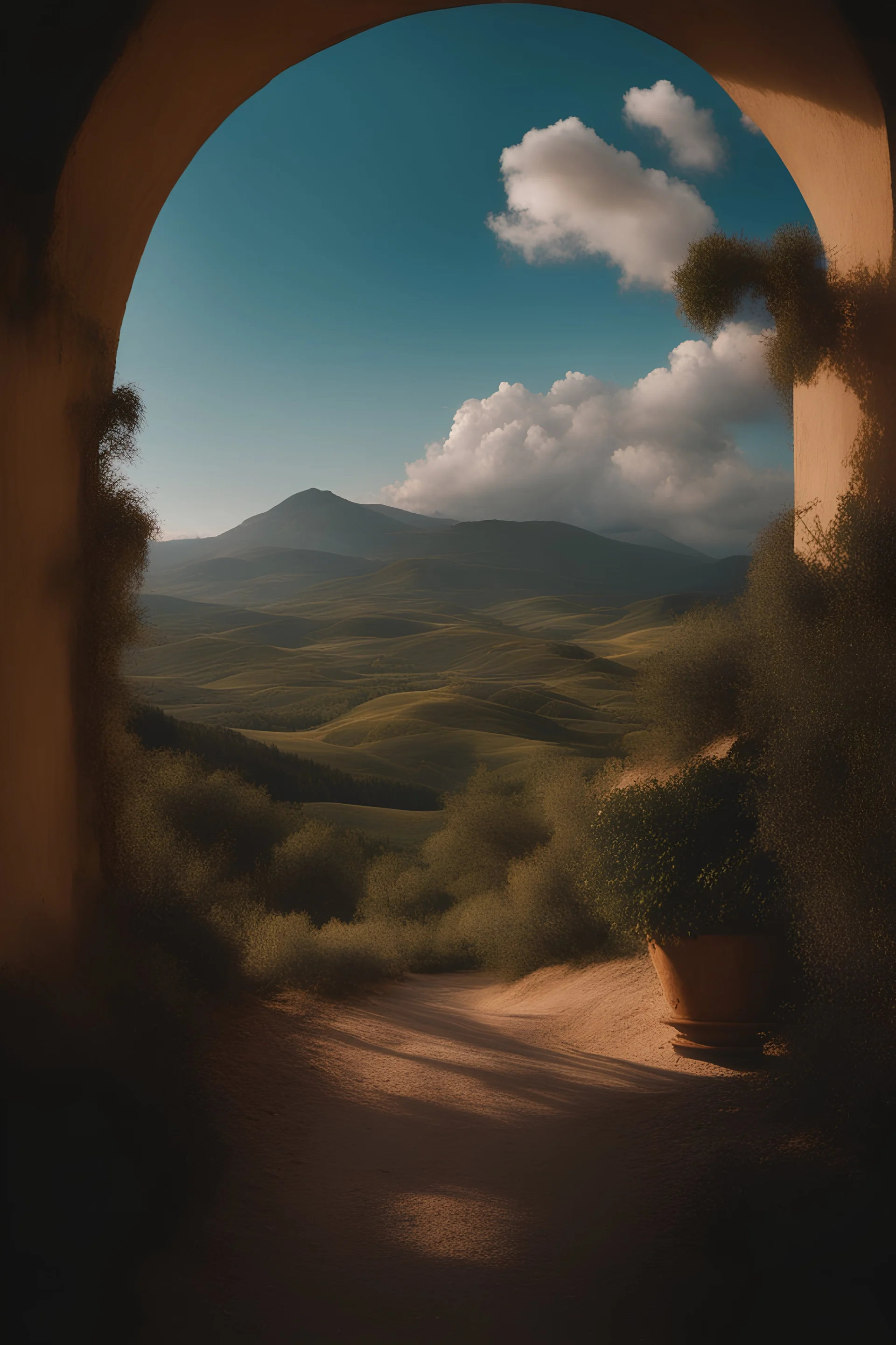 A beautiful Italian landscape in the style of soft surrealism, projection, kodak portra, high-angle, delicate still-lifes, studio lighting, chiaroscuro