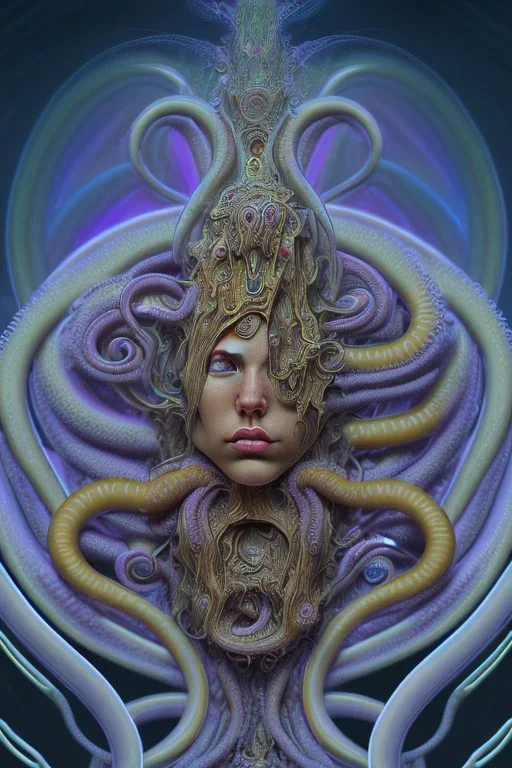 Spiritual being with Tentacles over human Head creating reality around, wrapping Tentacles around Human, Psychedelic