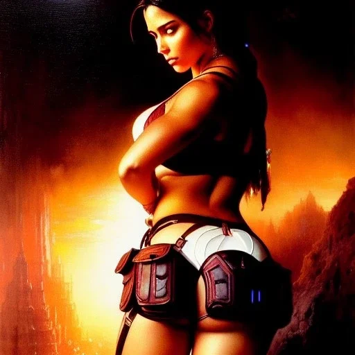 Drawing of beautiful face,'beautiful booty,Busty Lara Croft',intense stare, ancient skintight armor, balanciaga fashion clothe painting by gaston bussiere, greg rutkowski, yoji shinkawa, yoshitaka amano, tsutomu nihei, donato giancola, tim hildebrandt, Oil on canvas, cinematic composition, extreme detail,fit full head inside picture,16k