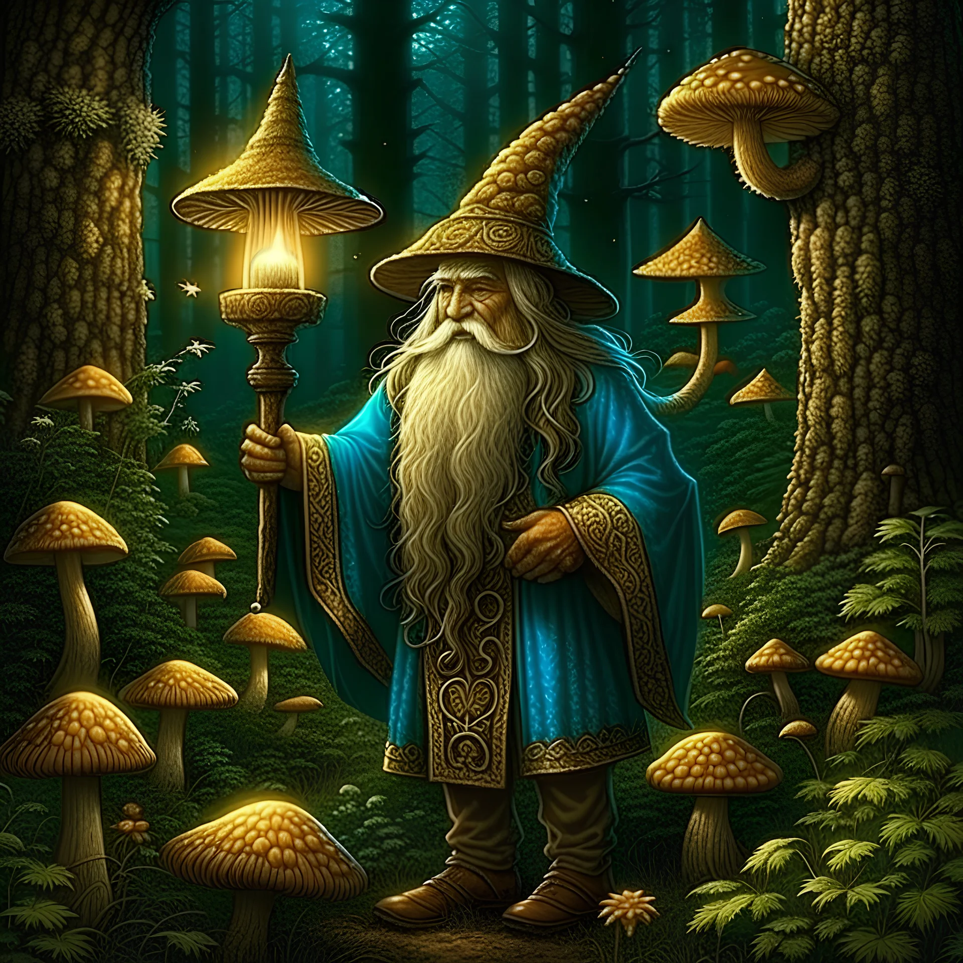 Wizard, painted, digital painting, 24k, high resolution, highly detailed, cozy, forest with leafs, mushrooms and flowers, smooth, art by JOHN STEPHENS