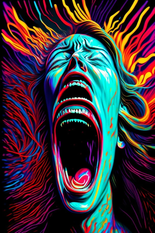 a woman screaming into the void and it screams back highly detailed vivid colours, her mouth wide open in terror, as she releases her piercing scream, the void responds in kind, reverberating with a deafening echo, the scene is filled with highly detailed, vivid colors that reflect the intense emotions, the vibrant hues create a surreal atmosphere, amplifying the sense of fear and anguish. this artwork captures the raw power of the woman's scream and the haunting response of the void, making it