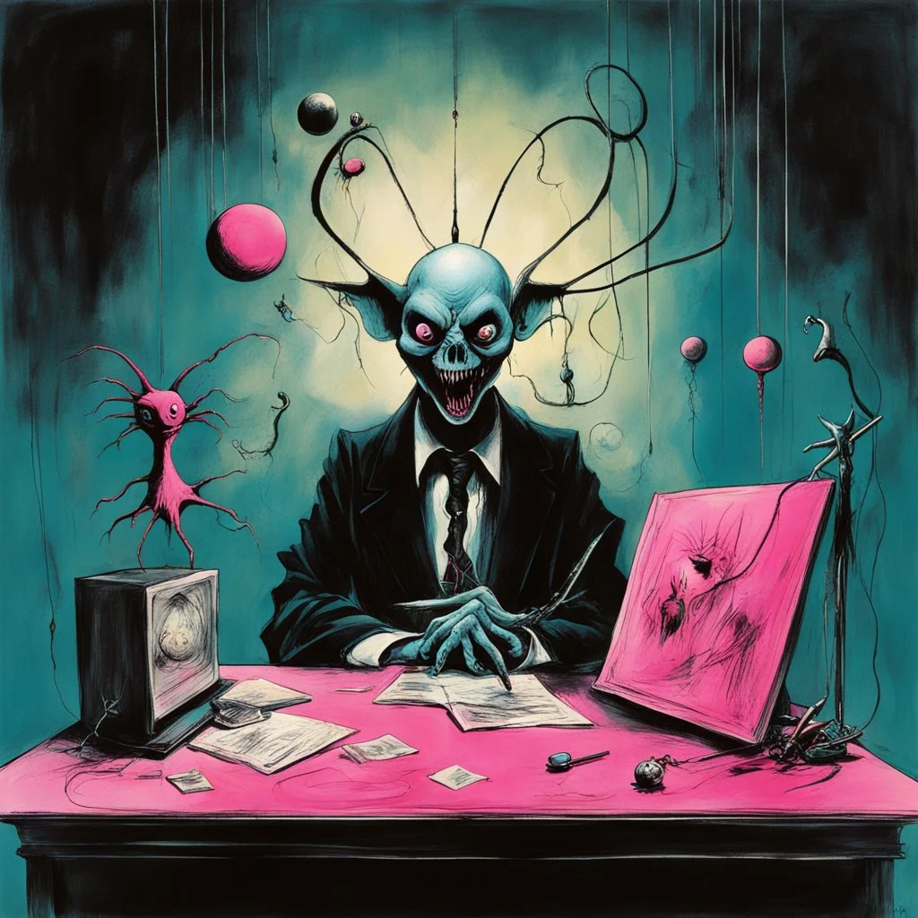 Scary stories of the infinite interview, intimidating magister behind desk, Joan Miro and Stephen Gammell and Gerald Scarfe deliver a sinister surreal masterpiece, warm hues, dark_cyan and pink color scheme, sinister, creepy, expansive, sharp focus, dark shines, asymmetric, abstract