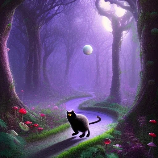 black cat, walking, psychedelic forest, crystals, mushrooms