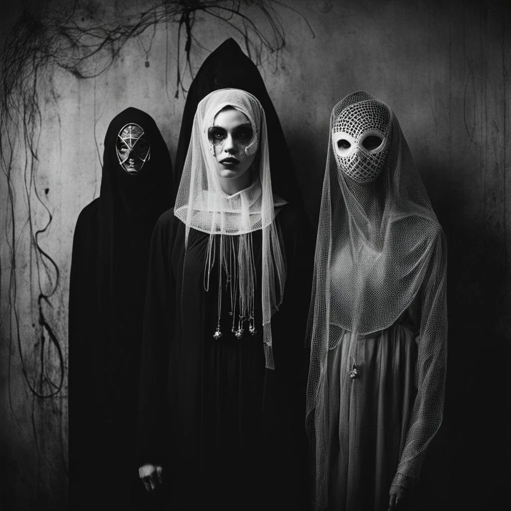 Vintage black and white photo of a young woman with two eerie figures wearing creepy masks and veils, one with a circular hole and the other with intricate wires and mesh, standing side by side in a dimly lit room, with a plain background, reminiscent of old horror photography, with a haunting and surreal atmosphere.