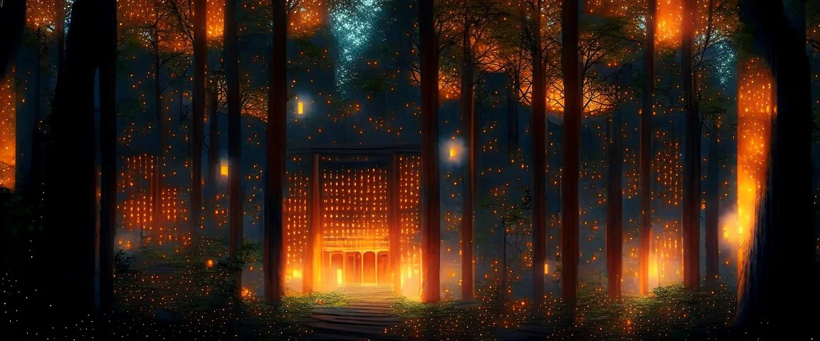 Realistic view a huge library in forest with fireflies and orange mystic lights around trees that have wide leaves and broad trunked