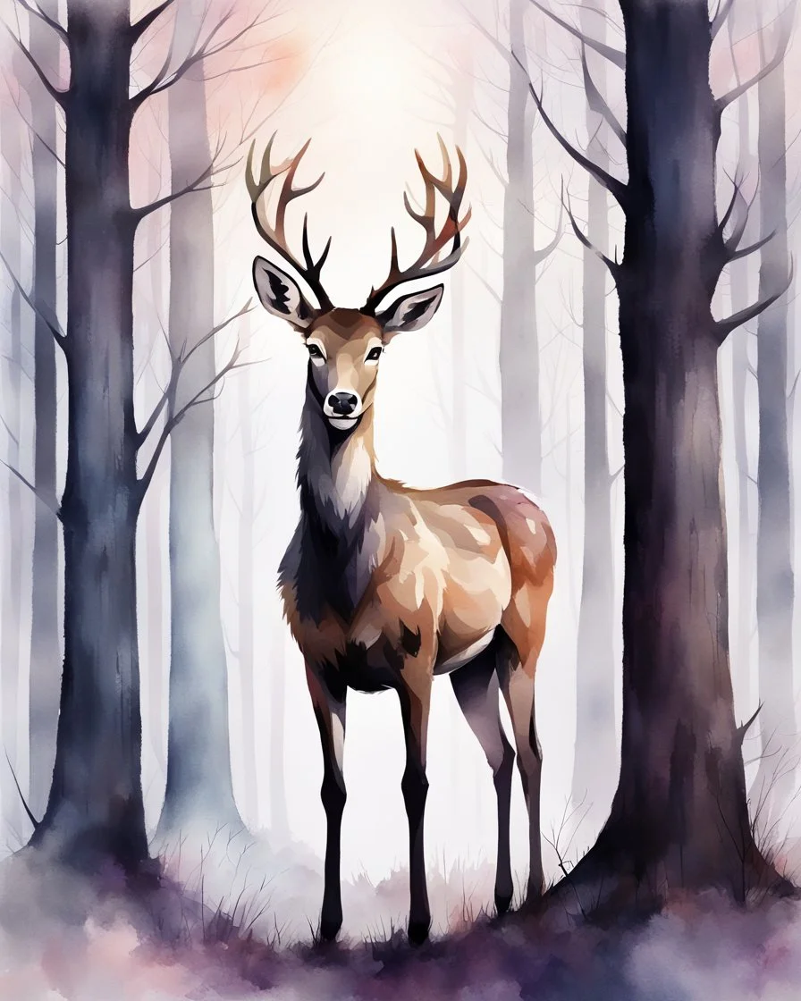 night, deer with antlers standing sideways, looking at viewer, realistic water color painted, among light colored tall simplified tree trunks, foggy, digital painting, Easter Spring pastel colors, colorful, dark background