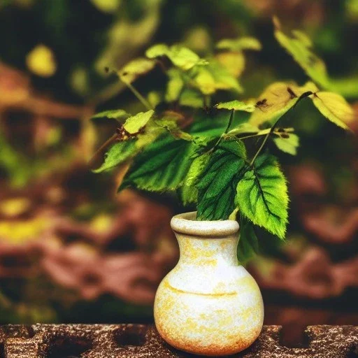 artistic photo of a tiny cracked ceramic vase repaired with gold, kintsugi, garden setting, beautiful landscape photography, beautiful, vines and leaves, delicate, cinematic, high detail, beautiful composition, delicate arrangement, aesthetic, soft lighting, award winning photography, tender