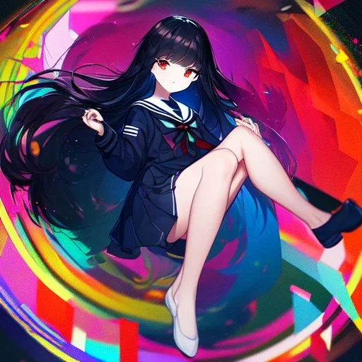 Clear focus, High resolution, long black fluffy hair, red eyes, chopped bangs, wearing a sailor uniform, wearing a sailor skirt, colorful, hollywood, female, human, mortal, thin legs