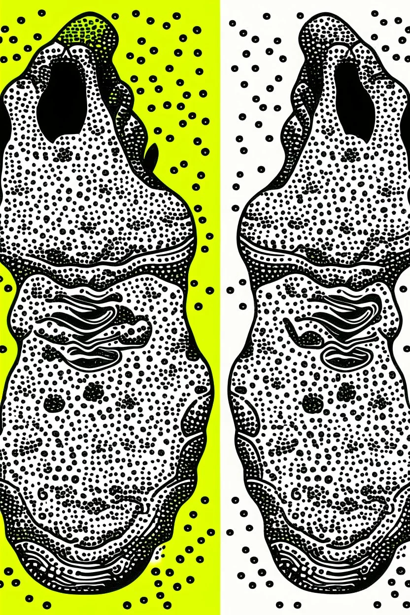 Draw two footprints. The tread pattern from the shoes is white and made entirely from the shapes of ghosts in the style of Salvador Dali’s “the face of war”. Use no more than 4 colours. Do not draw a shoe.