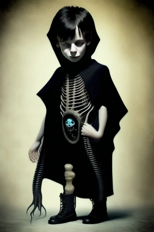 7 year old boy, necromancer, friendly, looks dead,with a long lamprey emerging from his belly , wearing black robes, in the style of H.R. Giger