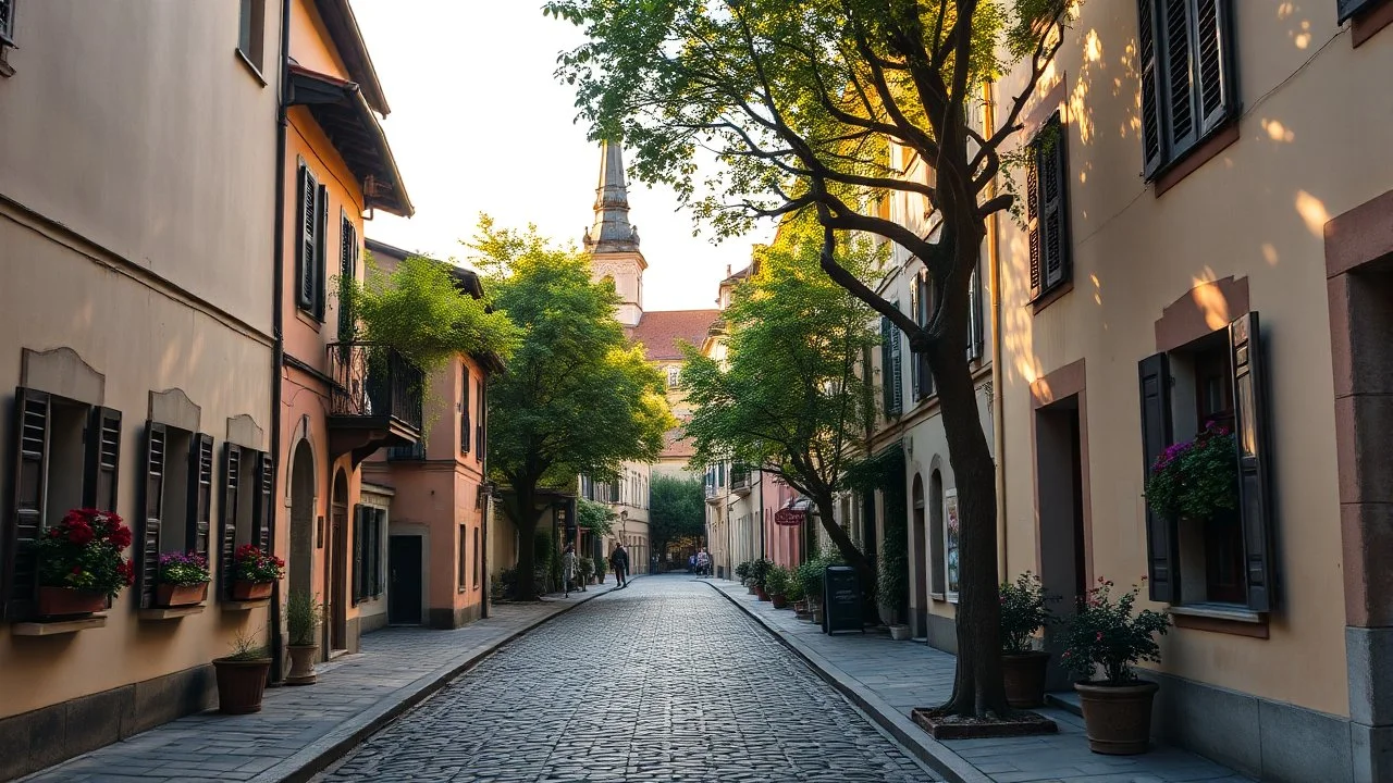 Prompt: A quaint urban street in the heart of a historic European town, bathed in the soft golden light of late afternoon. The cobblestone path is lined with charming, pastel-colored buildings with intricate wooden shutters and flower-filled window boxes. A gentle breeze rustles the leaves of the old, gnarled trees that provide shade to the street. In the distance, the spire of a centuries-old church rises above the rooftops, its bells softly chiming. The mood is serene and nostalgic, evoking a