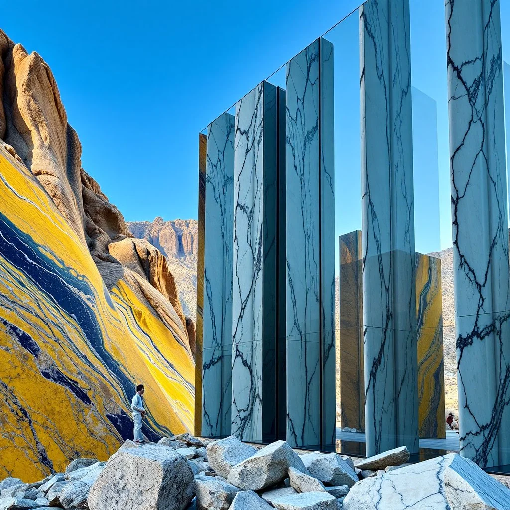 Un'immagine di un paesaggio naturale montuoso con marmi gialli e blu striati, imponenti, accanto a strutture artificiali verticali. Queste strutture sembrano blocchi rettangolari riflettenti, come colonne di vetro, che creano un contrasto tra il naturale e l'artificiale. Pareti di vetro. Bianco e nero con venature. Colonne. Persona osserva. La scena trasmette un senso di dialogo tra elementi organici. Dettagli degli specchi e delle rocce molto accentuati