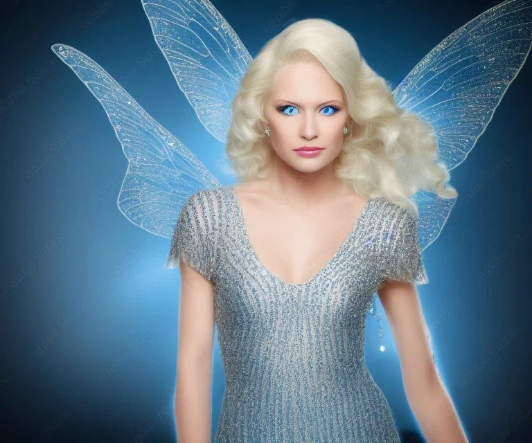 portrait of a beautiful blond woman fairy with long hair blue eyes and sparkling dress with diamonds