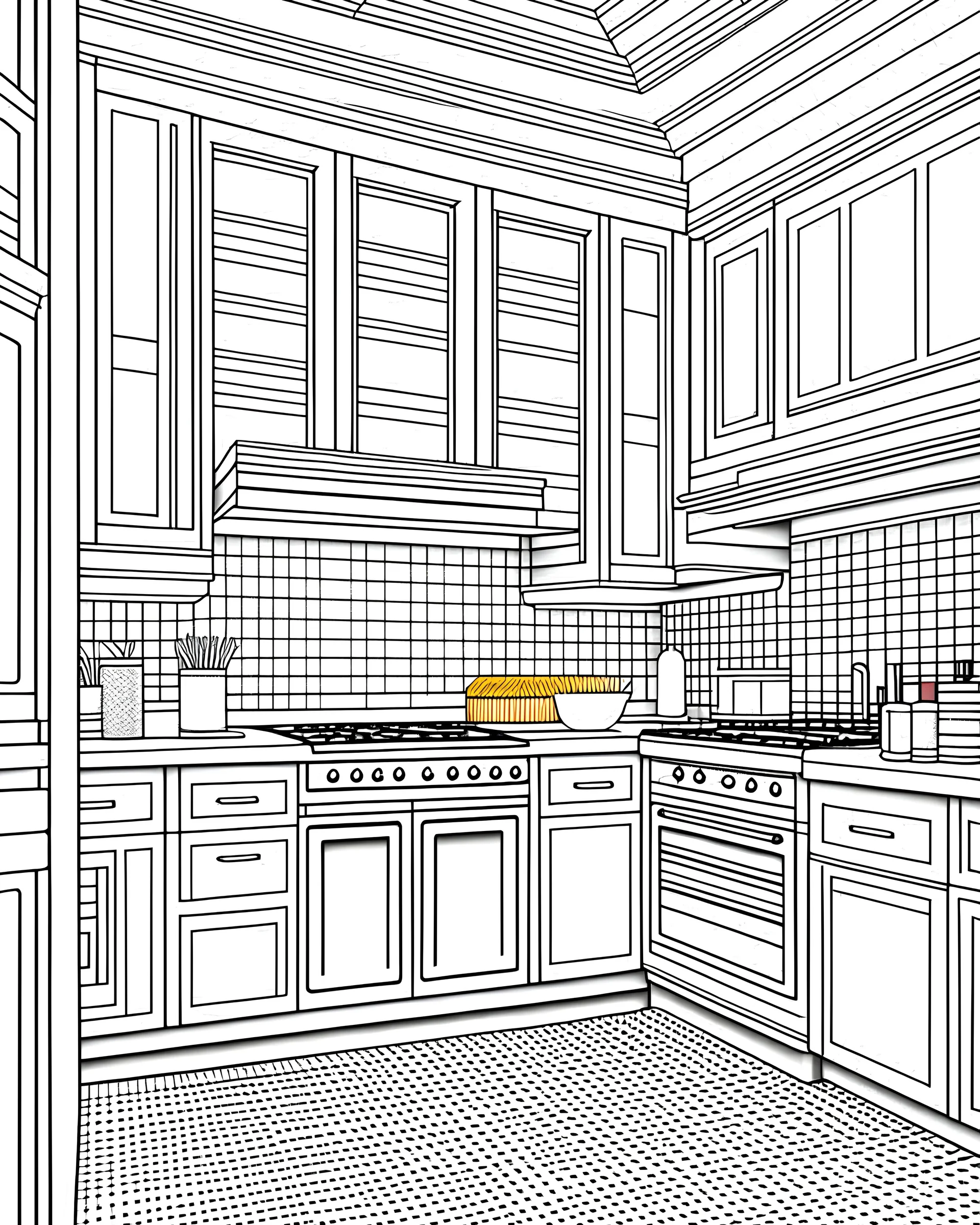 white modern ethnic kitchen with wood design ,Coloring Book for Adults and Kids, Instant Download, Grayscale Coloring Book