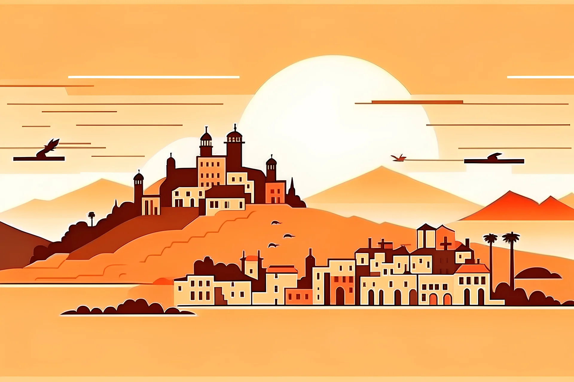 Scenes A skyview over a city in a scary hell, an Oman castle on a hill in the background, style: children’s book illustration, flat vector-like, no shadow, minimalistic, no outline, realistic colors in orange, red shades