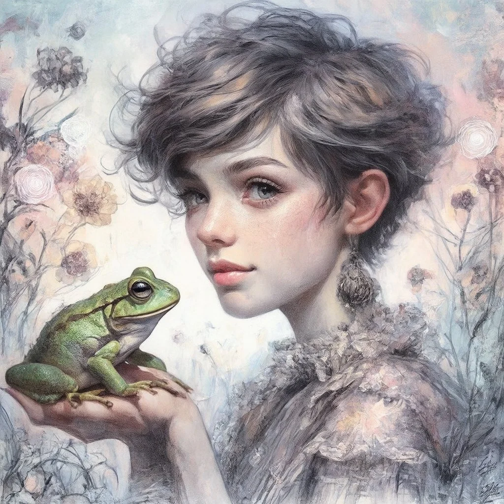 Whimsical and realistic ink, charcoal, markers, and oil painting, Impressionist style, realistic textures, minimalist approach, portrait of a young woman with a pixie cut hairstyle, holding a frog, ith delicate highlights, soft and dreamy background, pastel shades, fantastical ambiance, detailed and intricate linework, fine art quality, intricate patterns, enchanting atmosphere, ethereal lighting, by a blend of Van Gogh and Mary Cassatt, Artstation. Modifiers: bokeh Nikon D850 highly detailed di