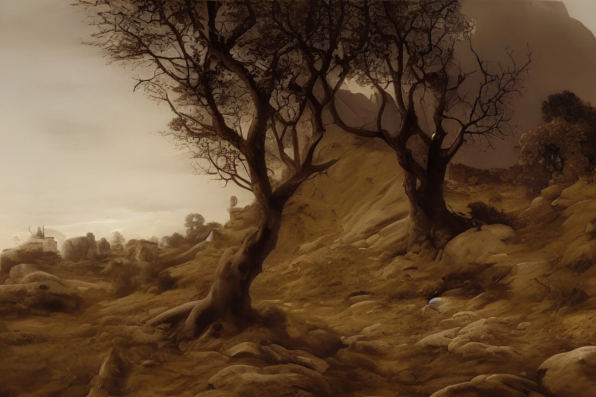 night, dark fantasy influence, philosophic and inmaterial influence, rocks, dry trees, flowers, distant house, friedrich eckenfelder, ferdinand georg waldmuller, and auguste oleffe paintings