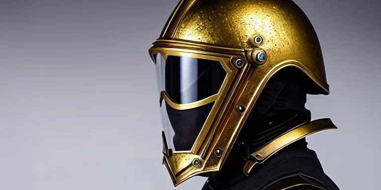 apocalypse, chaotic, magnificent, realistic, colorful, massive, epic, ray tracing, cinematic, 8k, HD, Ultra High Definition, photo film, film grain, hyper-detailed, old tarnished ornate rusty Hyper detailed Gold Gothic Medieval Knight helmet with glass visor covering face and matching whole body suit of armor