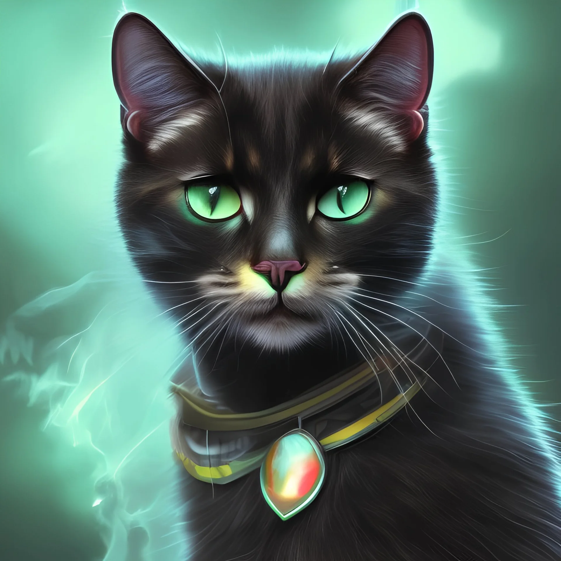 black cat, green eyes, flames, warior